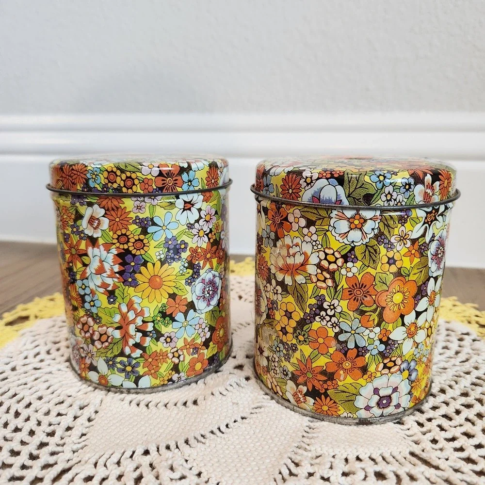 Vintage 70s Set Of 2 Floral Canister Hippie Retro Tins MCM Flower Power 4.5in